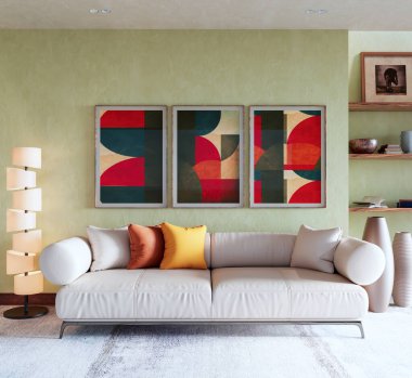 Büyük lüks, modern, parlak iç mekan. Oturma odası tasviri 3D canlandırma.