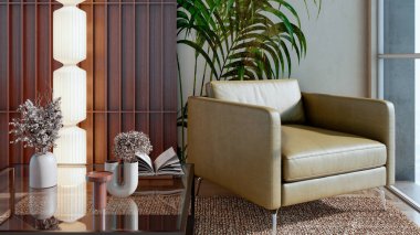 Büyük lüks, modern, parlak iç mekan. Oturma odası tasviri 3D canlandırma.