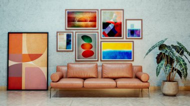 Büyük lüks, modern, parlak iç mekan. Oturma odası tasviri 3D canlandırma.