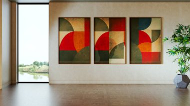 Büyük lüks, modern, parlak iç mekan. Oturma odası tasviri 3D canlandırma.