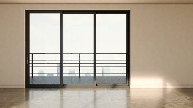 Büyük lüks, modern, parlak iç mekan. Oturma odası tasviri 3D canlandırma.