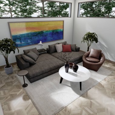 Büyük lüks, modern, parlak iç mekan. Oturma odası tasviri 3D canlandırma.