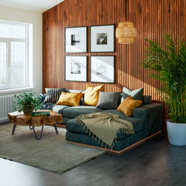 Büyük lüks, modern, parlak iç mekan. Oturma odası tasviri 3D canlandırma.