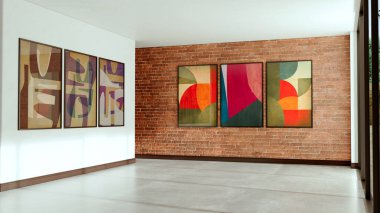 Büyük lüks, modern, parlak iç mekan. Oturma odası tasviri 3D canlandırma.