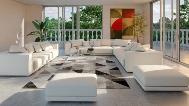 Büyük lüks, modern, parlak iç mekan. Oturma odası tasviri 3D canlandırma.