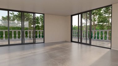 Büyük lüks, modern, parlak iç mekan. Oturma odası tasviri 3D canlandırma.