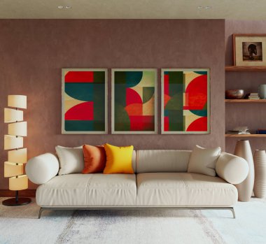 Büyük lüks, modern, parlak iç mekan. Oturma odası tasviri 3D canlandırma.