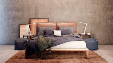 Büyük lüks, modern, parlak yatak odası 3 boyutlu resimleme.