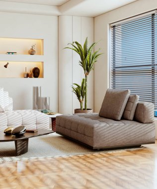 Büyük lüks, modern, parlak iç mekan. Oturma odası tasviri 3D canlandırma.