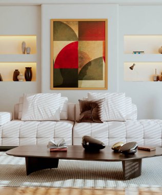 Büyük lüks, modern, parlak iç mekan. Oturma odası tasviri 3D canlandırma.