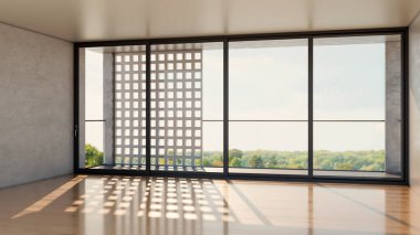 Büyük lüks, modern, parlak iç mekan. Oturma odası tasviri 3D canlandırma.