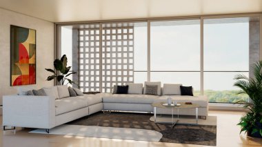 Büyük lüks, modern, parlak iç mekan. Oturma odası tasviri 3D canlandırma.