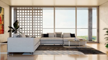 Büyük lüks, modern, parlak iç mekan. Oturma odası tasviri 3D canlandırma.