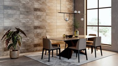 Büyük lüks, modern, parlak iç mekan. Oturma odası tasviri 3D canlandırma.