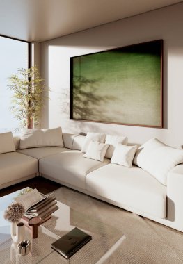 Büyük lüks, modern, parlak iç mekan. Oturma odası tasviri 3D canlandırma.