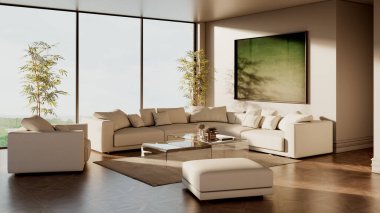 Büyük lüks, modern, parlak iç mekan. Oturma odası tasviri 3D canlandırma.