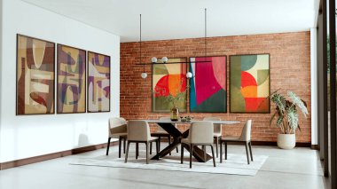 Büyük lüks, modern, parlak iç mekan. Oturma odası tasviri 3D canlandırma.