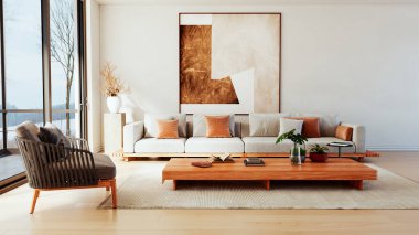 Büyük lüks, modern, parlak iç mekan. Oturma odası tasviri 3D canlandırma.