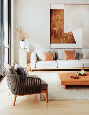 Büyük lüks, modern, parlak iç mekan. Oturma odası tasviri 3D canlandırma.