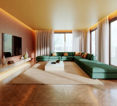 Büyük lüks, modern, parlak iç mekan. Oturma odası tasviri 3D canlandırma.