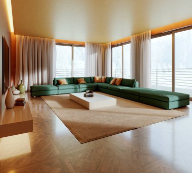 Büyük lüks, modern, parlak iç mekan. Oturma odası tasviri 3D canlandırma.