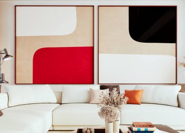 Büyük lüks, modern, parlak iç mekan. Oturma odası tasviri 3D canlandırma.