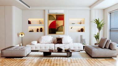 Büyük lüks, modern, aydınlık iç mekan. Klima modelleme çizimi 3D.