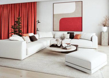 Büyük lüks, modern, parlak iç mekan. Oturma odası tasviri 3D canlandırma.