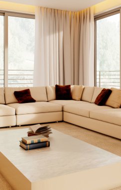 Büyük lüks, modern, parlak iç mekan. Oturma odası tasviri 3D canlandırma.