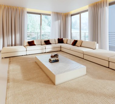 Büyük lüks, modern, parlak iç mekan. Oturma odası tasviri 3D canlandırma.