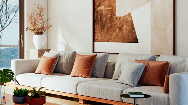 Büyük lüks, modern, parlak iç mekan. Oturma odası tasviri 3D canlandırma.