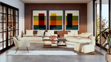 Büyük lüks, modern, parlak iç mekan. Oturma odası tasviri 3D canlandırma.