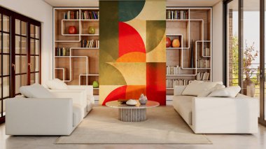 Büyük lüks, modern, parlak iç mekan. Oturma odası tasviri 3D canlandırma.