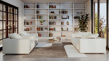 Büyük lüks, modern, parlak iç mekan. Oturma odası tasviri 3D canlandırma.