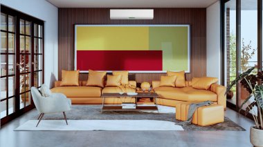 Büyük lüks, modern, aydınlık iç mekan. Klima modelleme çizimi 3D.