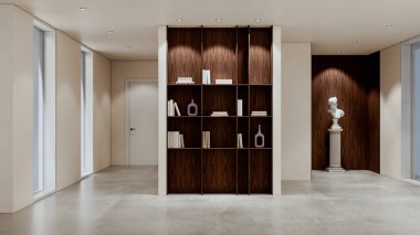 Büyük lüks, modern, parlak iç mekan. Oturma odası tasviri 3D canlandırma.