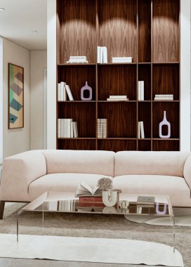 Büyük lüks, modern, parlak iç mekan. Oturma odası tasviri 3D canlandırma.