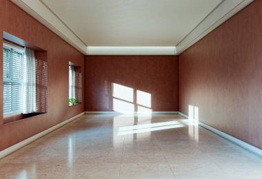 Büyük lüks, modern, parlak iç mekan. Oturma odası, 3D tasviri. Dijital olarak oluşturulmuş resim.