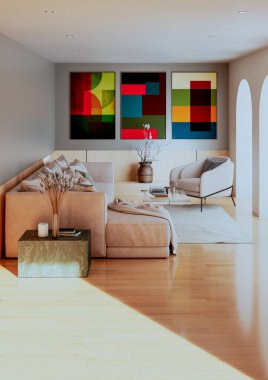 Büyük lüks, modern, parlak iç mekan. Oturma odası, 3D tasviri. Dijital olarak oluşturulmuş resim.