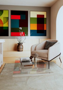 Büyük lüks, modern, parlak iç mekan. Oturma odası, 3D tasviri. Dijital olarak oluşturulmuş resim.