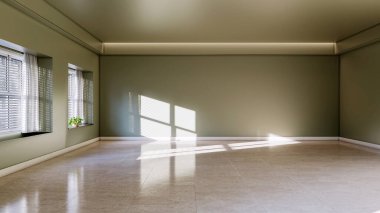 Büyük lüks, modern, parlak iç mekan. Oturma odası, 3D tasviri. Dijital olarak oluşturulmuş resim.