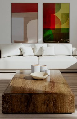 Büyük lüks, modern, parlak iç mekan. Oturma odası, 3D tasviri. Dijital olarak oluşturulmuş resim.