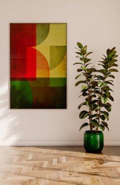 Büyük lüks, modern, parlak iç mekan. Oturma odası, 3D tasviri. Dijital olarak oluşturulmuş resim.