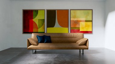 Büyük lüks, modern, parlak iç mekan. Oturma odası, 3D tasviri. Dijital olarak oluşturulmuş resim.