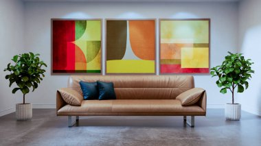 Büyük lüks, modern, parlak iç mekan. Oturma odası, 3D tasviri. Dijital olarak oluşturulmuş resim.