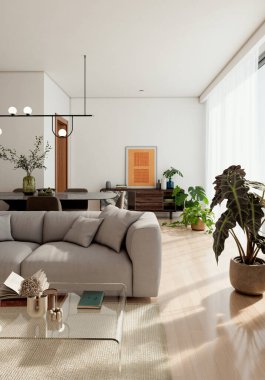 Büyük lüks, modern, parlak iç mekan. Oturma odası, 3D tasviri. Dijital olarak oluşturulmuş resim.