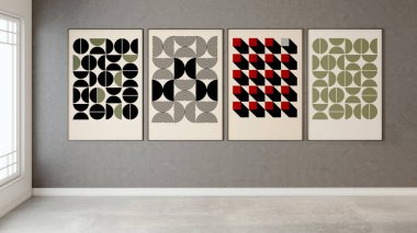 Büyük lüks, modern, parlak iç mekan. Oturma odası, 3D tasviri. Dijital olarak oluşturulmuş resim.