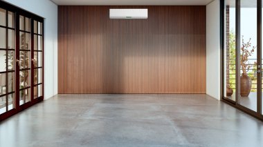 Büyük lüks, modern, aydınlık iç mekan. Klima modelleme 3D resimli. Dijital olarak oluşturulmuş.