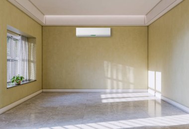 Büyük lüks, modern, aydınlık iç mekan. Klima modelleme 3D resimli. Dijital olarak oluşturulmuş.