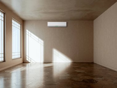 Büyük lüks, modern, aydınlık iç mekan. Klima modelleme 3D resimli. Dijital olarak oluşturulmuş.